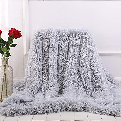 FANSU Jeté de lit d'hiver doux et moelleux de couleur unie à poils longs - Couvre-lit ultra moelleux et chaud de couleur unie pour canapé, chaise (gris, 80...