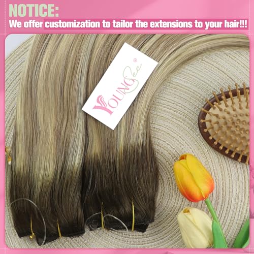 Image of YoungSee Wire Hair Extensions for Women Balayage Invisible Wire Hair Extensions Real Human Hair Walnut Brown Ombre Light Brown with Blonde Short Straight Headband Hair Extension Remy Hair 12inch 75g