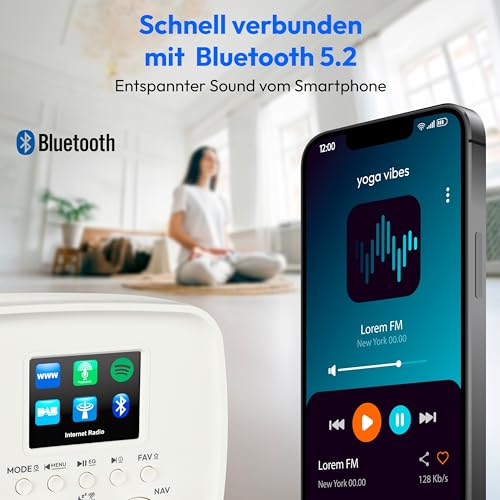 MEDION Internetradio mit DAB+ Life IRE-1 (WLAN, DAB Plus UKW Radio, Bluetooth, EQ, Tropfwasserschutz, Teleskopantenne, Spotify Connect, Wecker, Schlummerfunktion, Einstellbarer Display-Dimmer) weiß