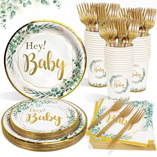 Heboland Baby Shower Vaisselle de Fête Assiette Sert 25 Invités,125pcs Neutre Bapteme Vaisselle Vert Sauge, Fournitures pour Décoration Baby Shower Garçon...