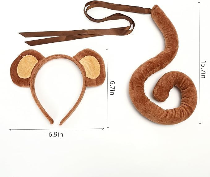 2 Set Monkey Ears & Tail, Costume Accessories Headband, Headdress Clip, Hair Hoop Cosplay Faux Dance Fancy Party Performance Tiger Giraffe Leopard Zebra Jungle Supplies Carnival Halloween, Small Size - Image 2