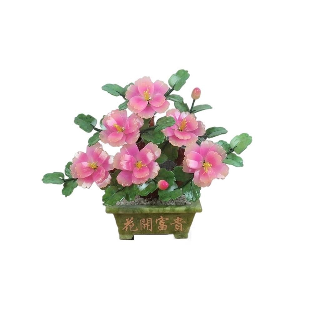 CHENGAIJIAN Artificial Bonsai Tree, Jade Peony Flower Hall Home Decoration Carved Chinese Bonsai Ornament(Pink)