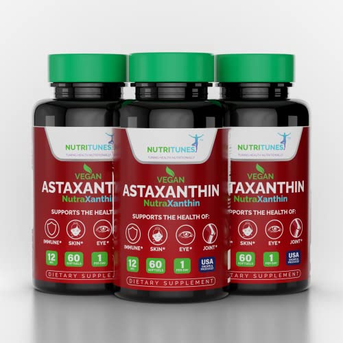 Nutritunes Astaxanthin 12Mg Vegan Softgels (60 Count) Powerful Antioxidant, Supports Immune, Skin, Eye, & Joint Health - Gluten Free, Non-Gmo (60 Day Supply) #TOP6