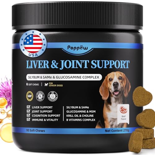 POPPAW Senior Dog Liver & Joint Supplement – Same, Milk Thistle (Silybin), Glucosamine, MSM for Liver Health Detox, Mobility, Joint Pain Support, Cognitive & Vitality Support, Beef Flavor, 90Ct