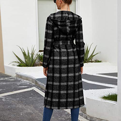 SPE969 Hooded Jacket Women\'s Plaid Trench Coat Winter Slim Long Woolen Overcoat Lapel Windbreaker,Black,L