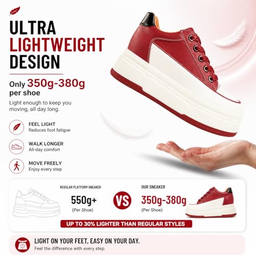Image of Platform Sneakers For Women - (3 inch-3.5 inch )6cm Heel & 3cm Inner Lift, Comfortable Cushioned Arch Support, Non-Slip Casual Walking Shoes, Microfiber Leather Platform Shoes White Black Red Yellow