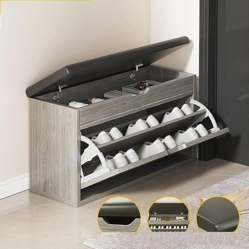 Zapatero independiente con puertas abatibles y asiento estrecho para almacenamiento de zapatos en color gris claro, tamaño 80 cm