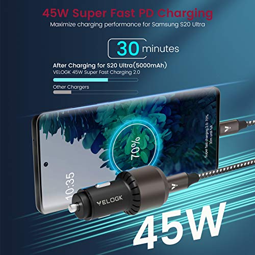 VELOGK Super Fast Type C Car Charger [73W Turbo], Metal Adaptive 55W 45W PPS/PD&QC3.0 USB C Car Adapter[Super Fast Charging 2.0]for Samsung S24/S23 Ultra/S22+/S21/S20/Note 20/10+,iPad Pro/Air,Macbook - Thumbnail 3