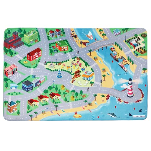Little Lino Kinder Straßen Spielteppich Extra Weich - Kinderteppich für Fahrzeuge und Autos - rutschfeste Spielmatte fürs Kinderzimmer 98 x 150 cm