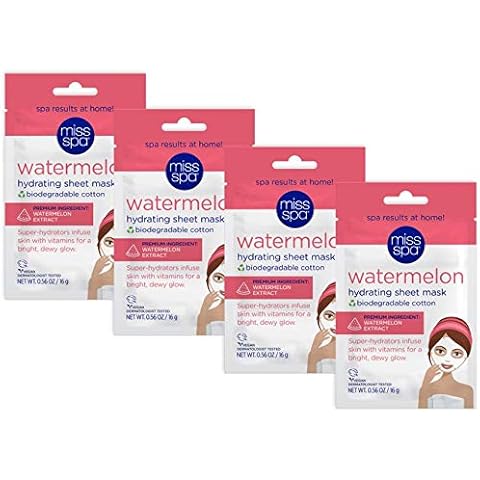 MISS SPA Watermelon Hydrating Sheet Mask for Face, Brightening & Moisturizing Face Mask Hydrate and Refresh Skin, Anti-Aging Skin Care Products For Women, Face Sheet Mask, 4 Pack Cover