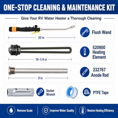 Image of 5 IN 1 RV Water Heater Anode Rod & Element & Flush Wand Repair Kit | For Suburban Includes 9.25 X 3 /4 in Npt Anode Rod, 520900 Heating Element, Flush Wand, Dual Hex Wrench and Thread-Seal Tape