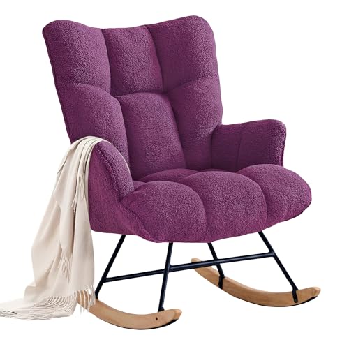 Image of Zedachica Rocking Chair Nursery Teddy Upholstered Glider Rocker Rocking Accent Chair Padded Seat with High Backrest Armchair Comfy Side Chair for Living Room Bedroom Offices (Purple Teddy)