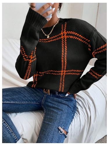 Image of MakeMeChic Women's Drop Shoulder Plaid Pattern Sweater Long Sleeve Round Neck Tops Casual Loose Pullovers Tops Black X-Small