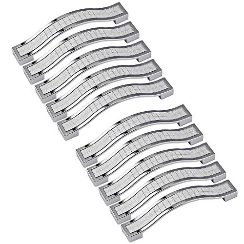 Kyrio - Juego de 10 tiradores de armario de cristal con diamantes de imitación modernos, para muebles, puertas, armarios, pomos de cocina, color plateado, 11,3 cm de longitud (9,7 cm de centro)