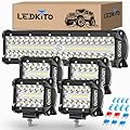 LEDKITO 12 Inch LED Light Bar and 4PCS 4 Inch LED Pod Lights Off Road Driving Fog Lights Set Triple Row Spot Flood Combo LED Light Bar Cube Light Pods for Je-ep Truck UTV ATV Golf Cart Boat