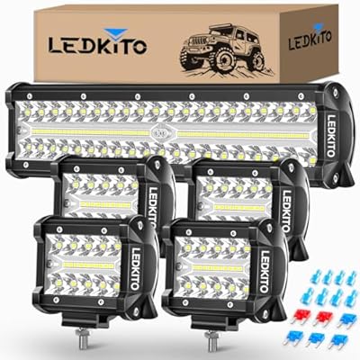 LEDKITO 12 Inch LED Light Bar and 4PCS 4 Inch LED Pod Lights Off Road Driving Fog Lights Set Triple Row Spot Flood Combo LED Light Bar Cube Light Pods for Je-ep Truck UTV ATV Golf Cart Boat