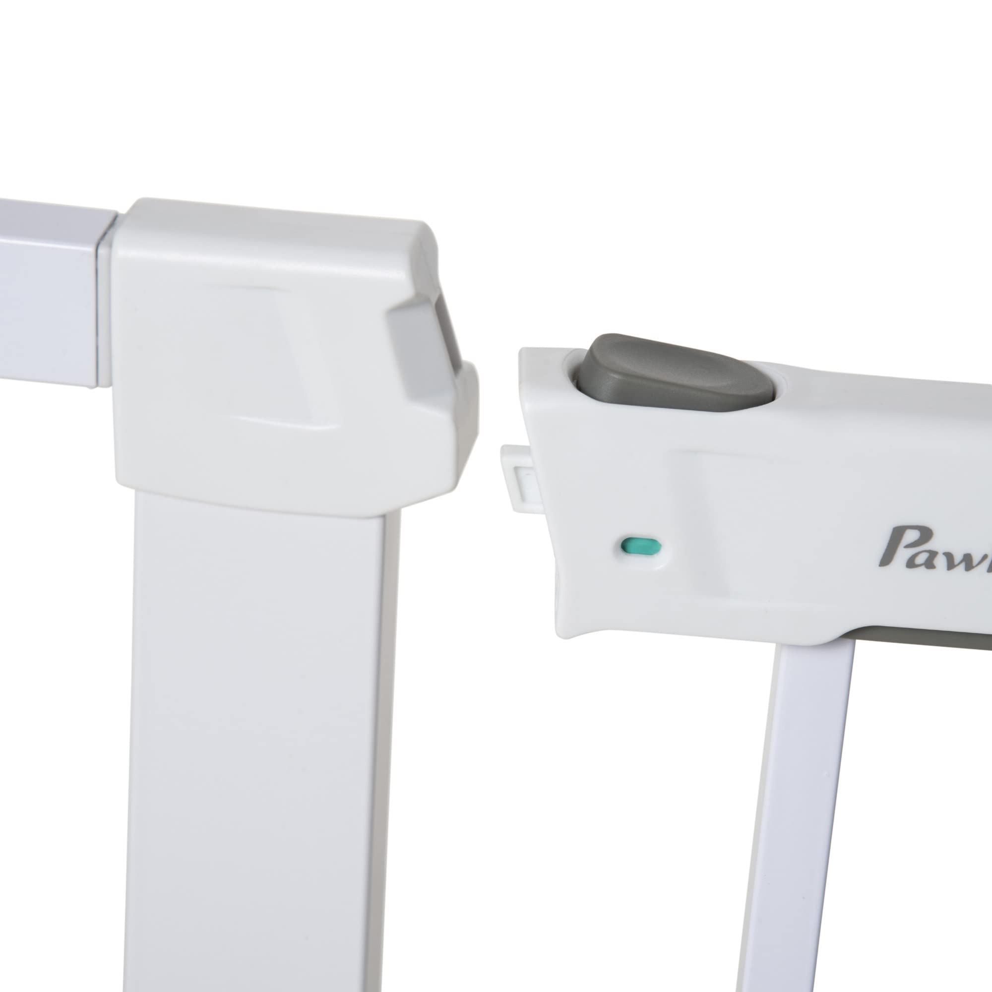 PawHut Barrera de Seguridad de Perros Extensible para Escaleras y Puertas 76-97 cm Valla para Perros con 2 Extensiones de 7 cm Cierre Automático y Marco Metálico Altura 76 cm Blanco