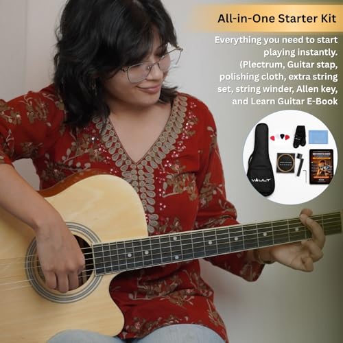 Image of VAULT EA20 Basswood Guitar Kit With Learn To Play E-Book, Bag, Strings, Straps, Picks, String Winder & Polishing Cloth - 40 Inch Cutaway Acoustic Guitar - Natural
