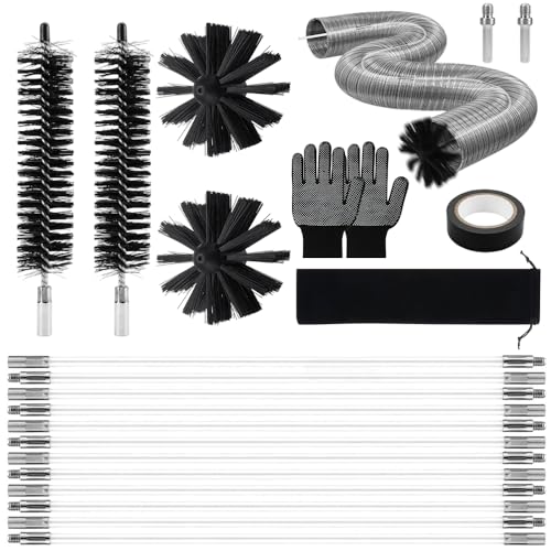 Jonuin Chimney Cleaning Brush Kit 21 Pcs Chimney Sweep Kit with 12 Flexible Rods 4 Brush Heads 2 Hex Adapters Tape Gloves & Storage Bag Duct Vent Cleaning Set for Flue Fireplace Sewage Pipe