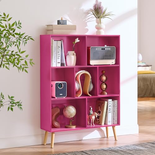 LEYAOYAO 7 Cube Bookshelf,3 Tier Book Shelf with Legs,Pink Modern Bookshelf,Large Freestanding Open Toy Modern Bookshelves,Display Bookcases Decor Furniture for Nursery