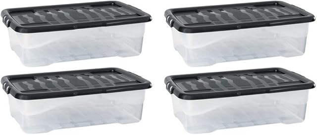 Home and Kitchen Strata Curve Clear Plastic Stackable Re-Usable Storage Box U/Bed 42 Litre (Black Lid) (4 Pack)