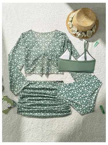 GORGLITTER Girl's Swimsuit 4 Piece Floral Wrap Bathing Suit with Kimono and Cover Up Skirt2