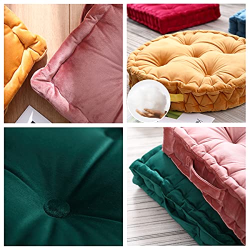Wadser Vintage Square Velvet Floor Cushion, Tufted Thick Seating Cushion With Carrying Handle, Patio Meditation Pillow Tatami Chair Pads, 18"X18"X3.9", Rose Red #TOP1