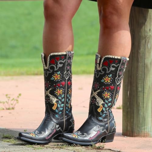 Women's Swallow Floral Embroidered Cowgirl Boots - Chunky Low Heels - Handmade Rivets - Western Cowboy Knee High Boots - Pull On - Blue, Black, Green - Patchwork - Wide Calf4