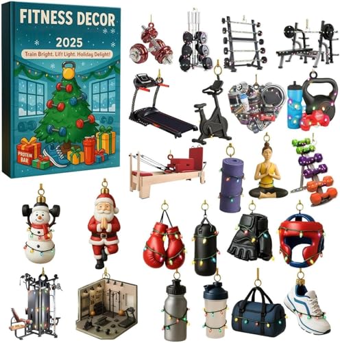 Gym Advent Calendar 2025, 24-Day Christmas Countdown Calendar with 24 Fitness Equipment Ornaments, Christmas Surprise Gift for Fitness Lovers And Athletes (Multicolor)