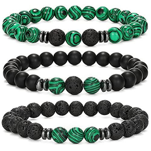 APMGONT 3PCS Hommes Pierre Naturelle Bracelet Set 8mm D'oeil De Tigre Lave en Perles Pierre Bracelet Extensibles pour Agate Naturelle Bijoux pour Homme (Malachite)