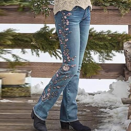 Women's Floral Embroidered Bell Bottom Jeans Stretchy High Rise Wide Legs Flare Jeans Distressed Denim Pants2