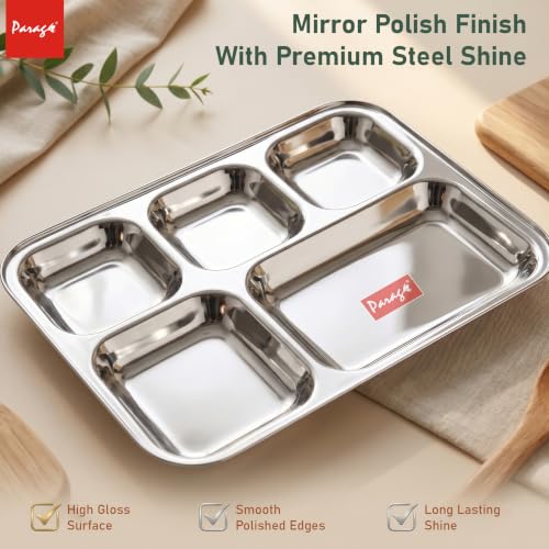 Image of Parage 6 Pieces Stainless Steel 3- Compartment Thali Set /Dinnerware /Dinner Plate Set / 3 in 1 Partition /Kitchenware for Home, Restaurants, Famliy Use, Bhojan Thali (Silver)