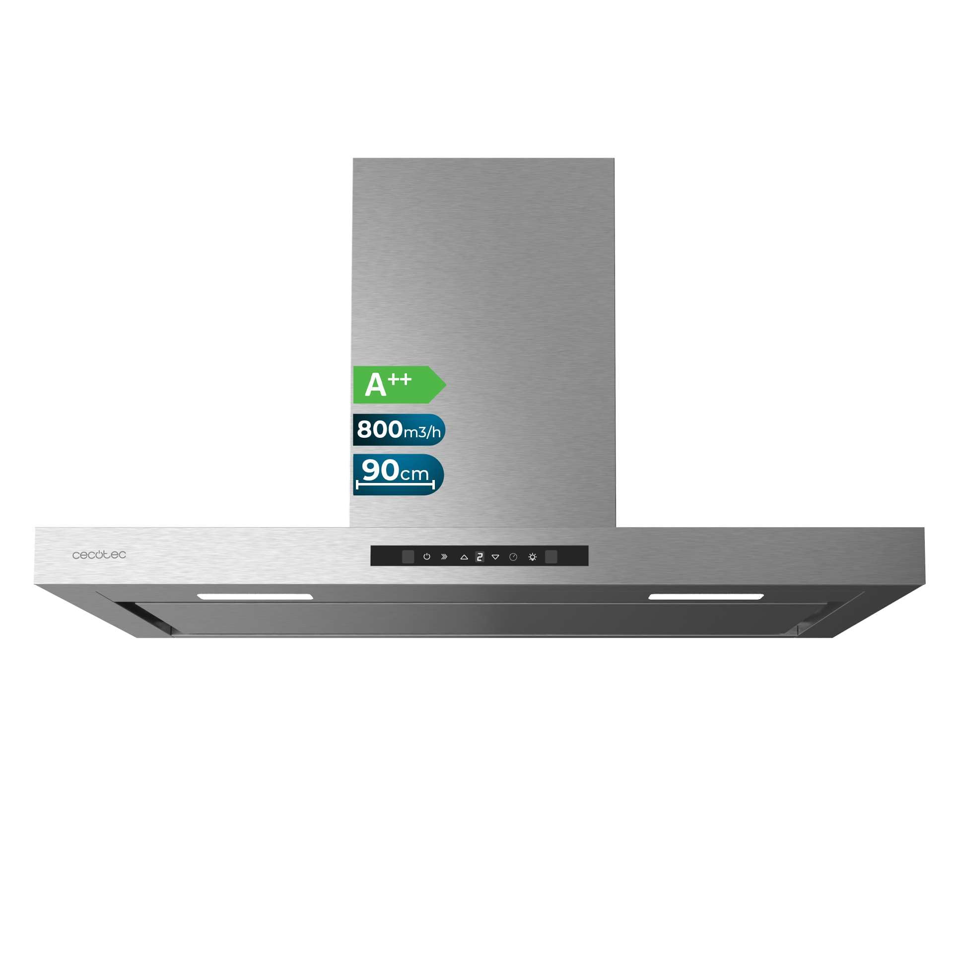 Cecotec Campana Extractora 90 cm Flux TT 908000 Glass Black A++, Clase A, 210W, Fuerza de succión de 800 m³/h, Acabado inoxidable, Control táctil, Hand Movement Control, Delay Funtion, Iluminación LED