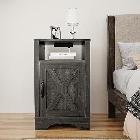 Homaddition Farmhouse Nightstand, Wooden Rustic End Table, Tall Bedside Table with Charging Station, Dark Gray Cover