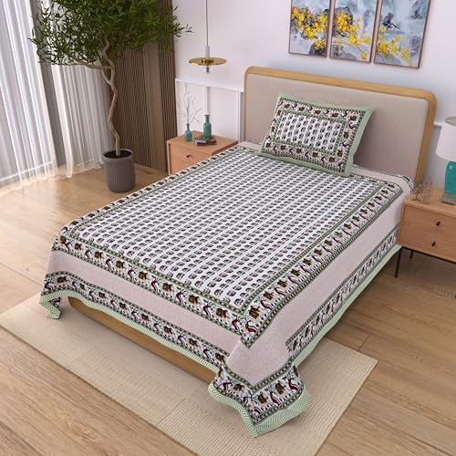 Image of 100% Cotton Single Bedsheet with 1 Pillow Cover | 240 TC Pure Cotton Flat Bed Sheet | Traditional Jaipuri Printed Bedding Set | Soft & Breathable | 60 x 90 Inch (Rangmahal Single 36)