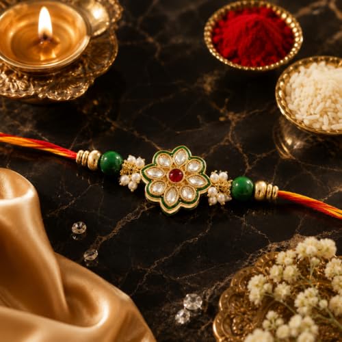 Image of CraftVatika Kundan Rakhi for Brother Boy Men, Designer Kundan Rakhi for Rakshabandhan Festival, Traditional Raki for Bhai, Premium Raksha Bandhan Rakhies for Bhaiya RakshaBandhan Bracelet Set of 1