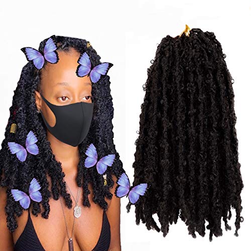 Butterfly Crochet Hair 14 Inch (96 Strands)Pre Looped Distressed Locs 6 Packs Crochet Butterfly Locs Braids Synthetic Knotless Style Crochet Locs (14inch, #1B)