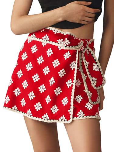 Breoklla Mini Wrap Skort for Women Flowy Bodycon Print Shirt Short Elastic Waist Fall Casual Beige Skort(Red,S)