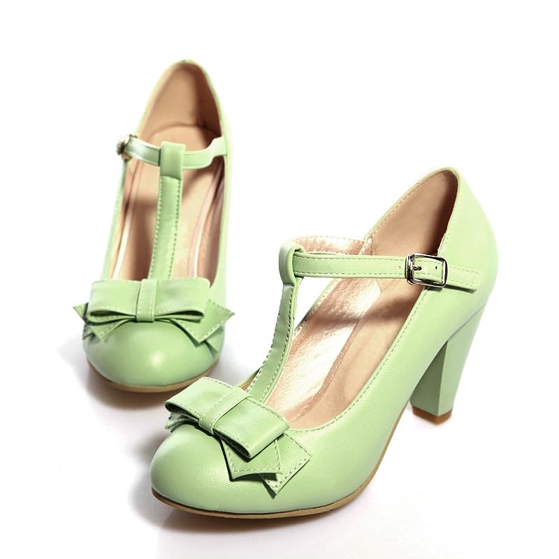 Image of Elbslutt Women's Cute Retro Rockabilly Shoes T Strap Mary Janes Heels Chunky Cosplay Shoes Sweet Block Heeled Bow Pumps