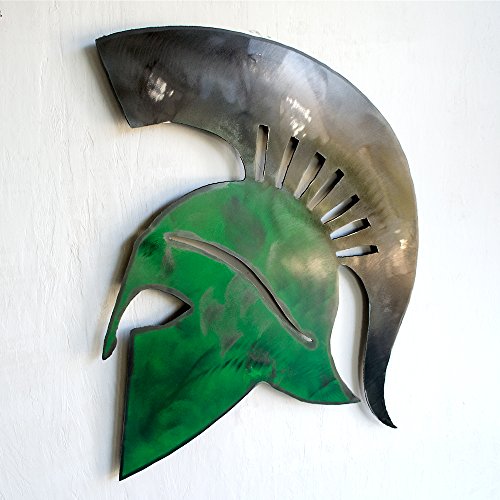 Trojan wall hanging metal sign - Spartan helmet wall hung - metal Trojan helmet art - rustic green and black spartan helmet
