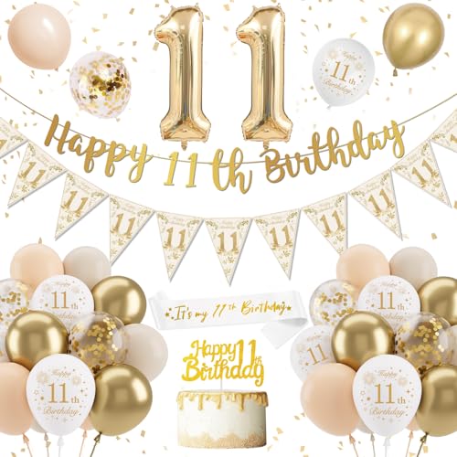 Déco Anniversaire 11 Ans Fille Garçon, Blanc Or Ballon 11 Ans, Ballon Décoration Anniversaire Banderole Joyeux Confettis Latex Ballons pour 11 Ans Fille