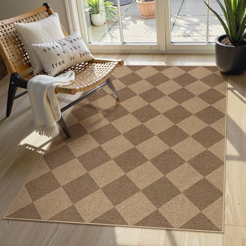 Lahome Checkered Easy Jute Indoor Outdoor Rug, 3x5 Washable Nature
