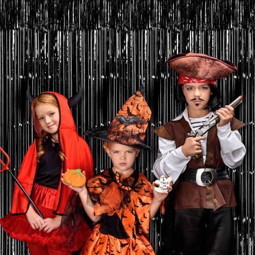 Image of 3 Pack Black Foil Fringe Curtains Backdrop, 3.28 x 9.8 Ft Metallic Streamers Tinsel Curtains Background for Photo Booth, Birthday, Halloween, Christmas, Thanksgiving, New Year Party Decorations