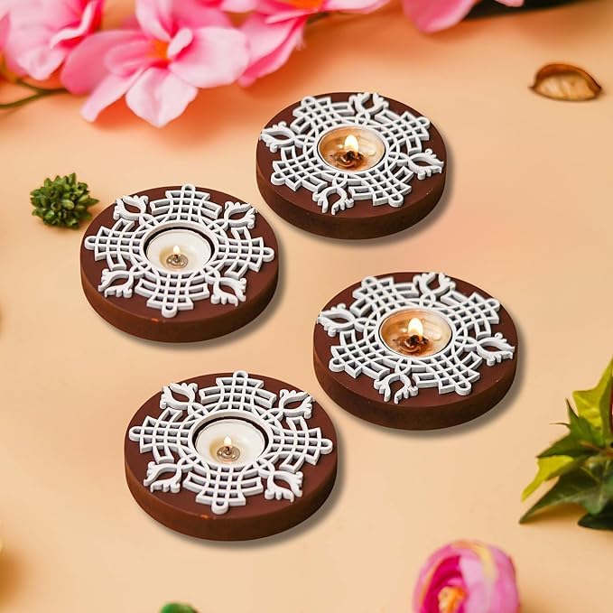 Photophores ronds en bois Lot de 4 bougeoirs de Noël et Diwali artisanaux