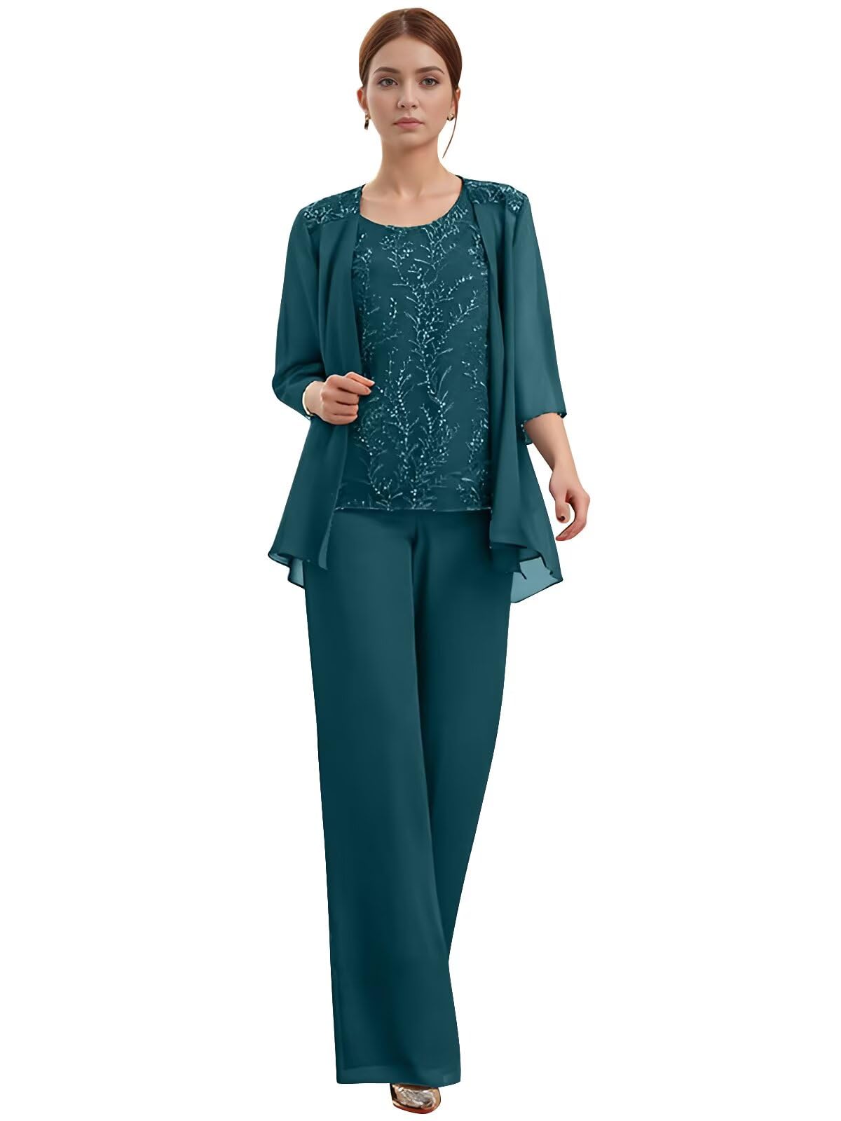 Chiffon Appliques Mother of The Bride Pant Suits Womens 3 Pieces O-Neck Formal Pantsuits