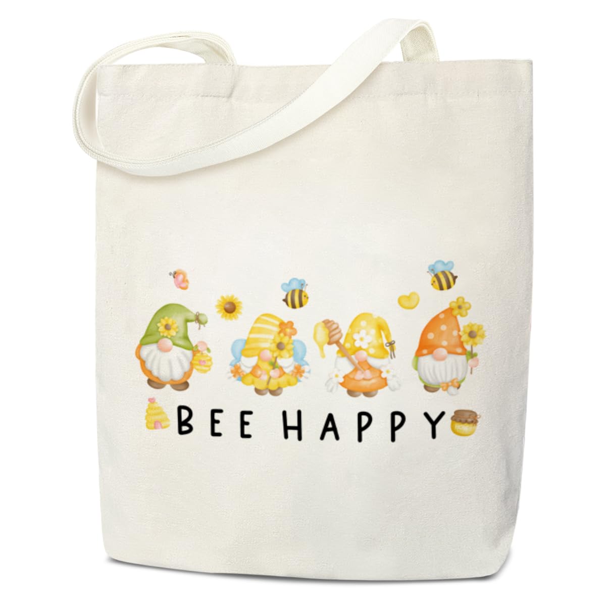 Summer Tote Bag Aesthetic, Bee Happy Gnomes Bee Gift for Women Canvas Tote Bag, Sunflower Gnome Gifts for Women, Teen, Daughter, Coworker, Shopping Reusable Grocery Beach Shoulder Bag /A34