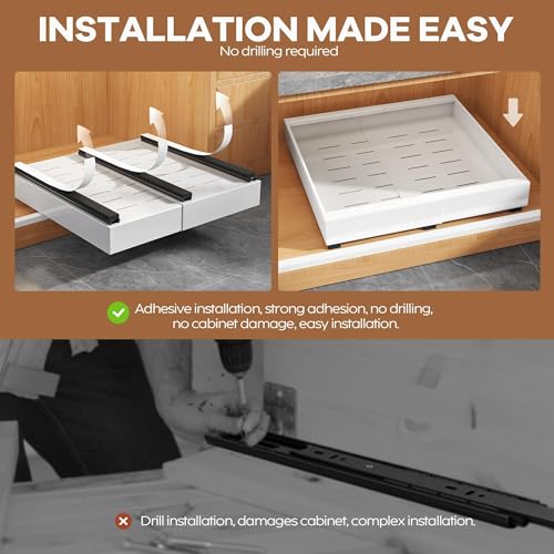 2 Pack Expandable Pull Out Cabinet Organizer 16.5"Deep with Raising Pad for Framed Cabinets,Upgrade 3 Slide Rails Slide Out Drawers,Roll Out Shelves Adhesive,Adjustable Width 12.2"-20.4"White