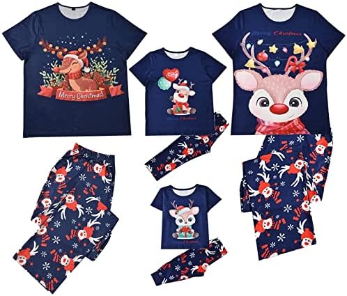 Family Matching Christmas Pajamas for Adult Letter Print Sleepwear Cotton Holiday Pjs Men Women Short Sleeve 2 Pieces Set(Navy,XX-Large)