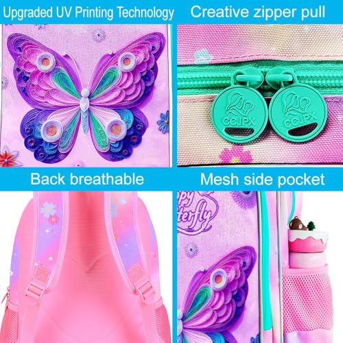Image of CCJPX 3Pcs Butterfly Backpack, 16 inch Kids Girls Bookbag with Lunch Box, Water Resistant Elementary School Bag for Kindergarten Preschool Toddler (Pink)