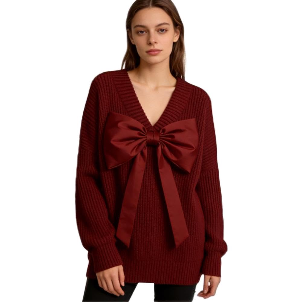 Bow Sweater for Women Valentines Cropped V Neck Long Sleeve Bow Tie Cozy Knit Loose Trendy Pullover Sweaters